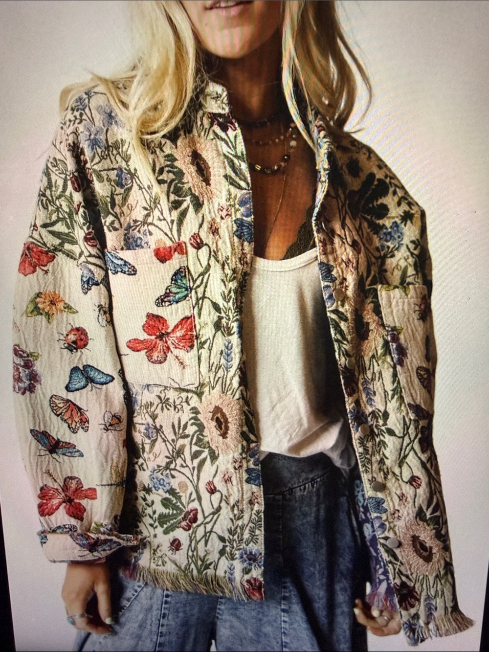 POL Embroidered Floral & Butterfly Jean Jacket in Cream with Multicolor Motifs